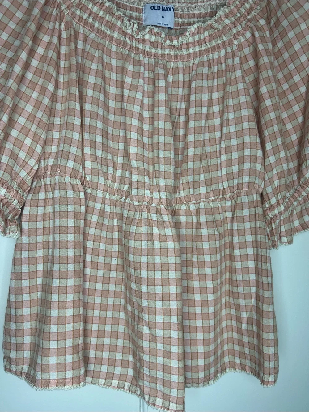 Pink & Cream Gingham Peasant Top